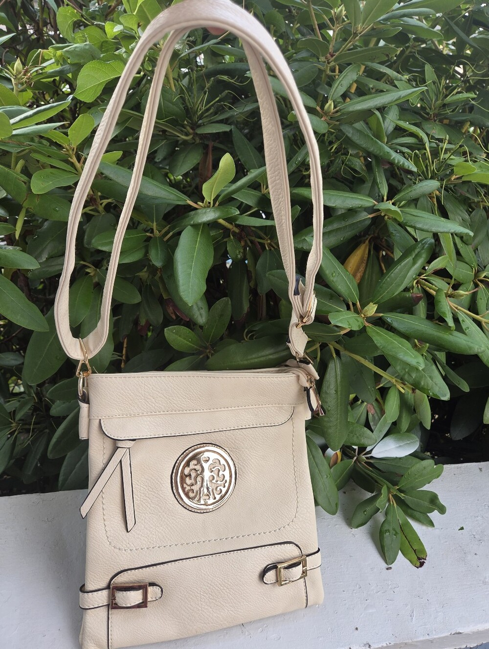 Beige Crossbody Shoulder Bag with Decorative Medallion NWOT
